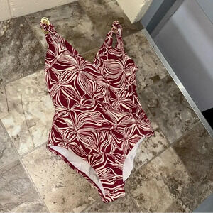 Women’s Vintage Red and Cream Print One Piece Bathing Suit  Gold Straps Size: 10